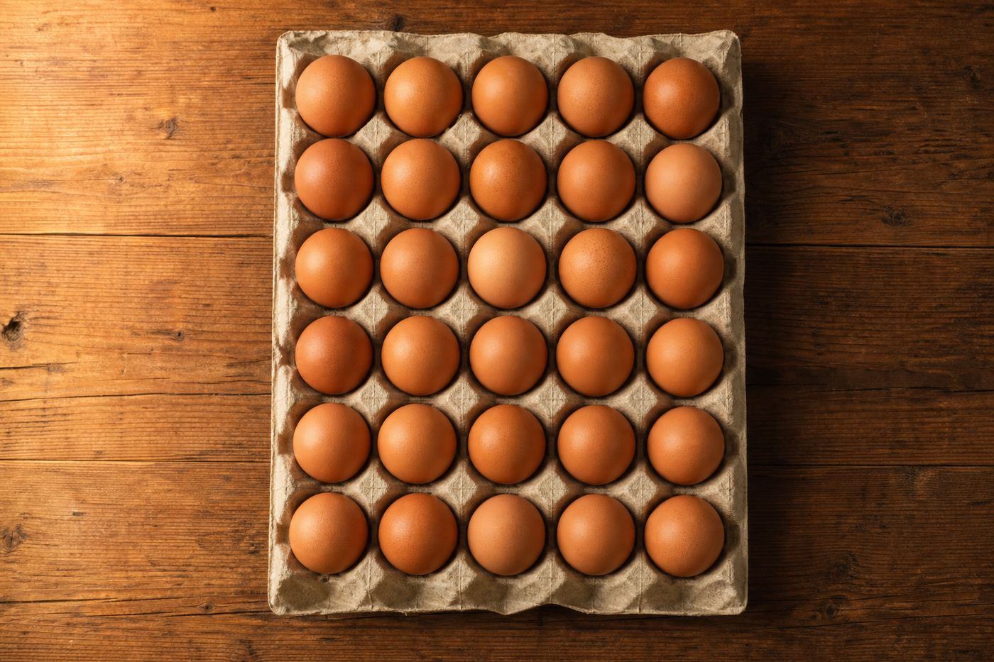 Tray of 30 fresh brown eggs on a wooden market table